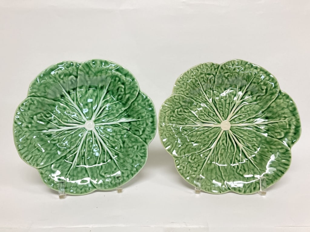 Pr. of Bordallo Pinheiro Porcelain Green Cabbage P: Pr. of Bordallo Pinheiro Porcelain Green Cabbage Plates, 9.25in