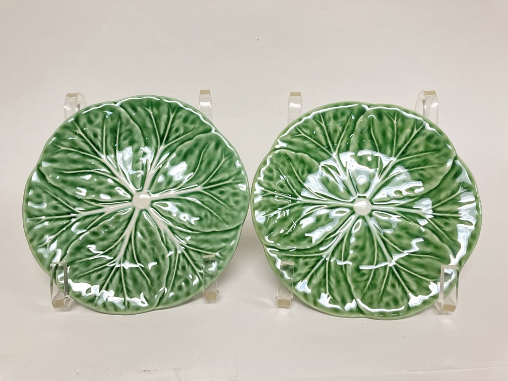 Pr. of Bordallo Pinheiro Porcelain Green Cabbage P: Pr. of Bordallo Pinheiro Porcelain Green Cabbage Plates, 5.5in