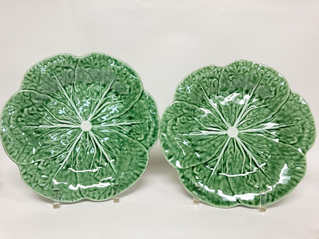 Pr. of Bordallo Pinheiro Porcelain Green Cabbage P: Pr. of Bordallo Pinheiro Porcelain Green Cabbage Plates, 9.25in