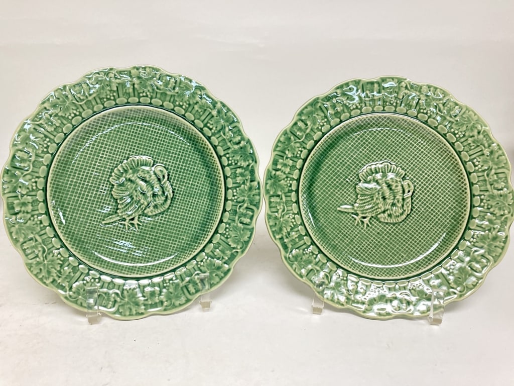 Pr. of Bordallo Pinheiro Porcelain Turkey Plates: Pr. of Bordallo Pinheiro Porcelain Turkey Plates, 7 7/8in