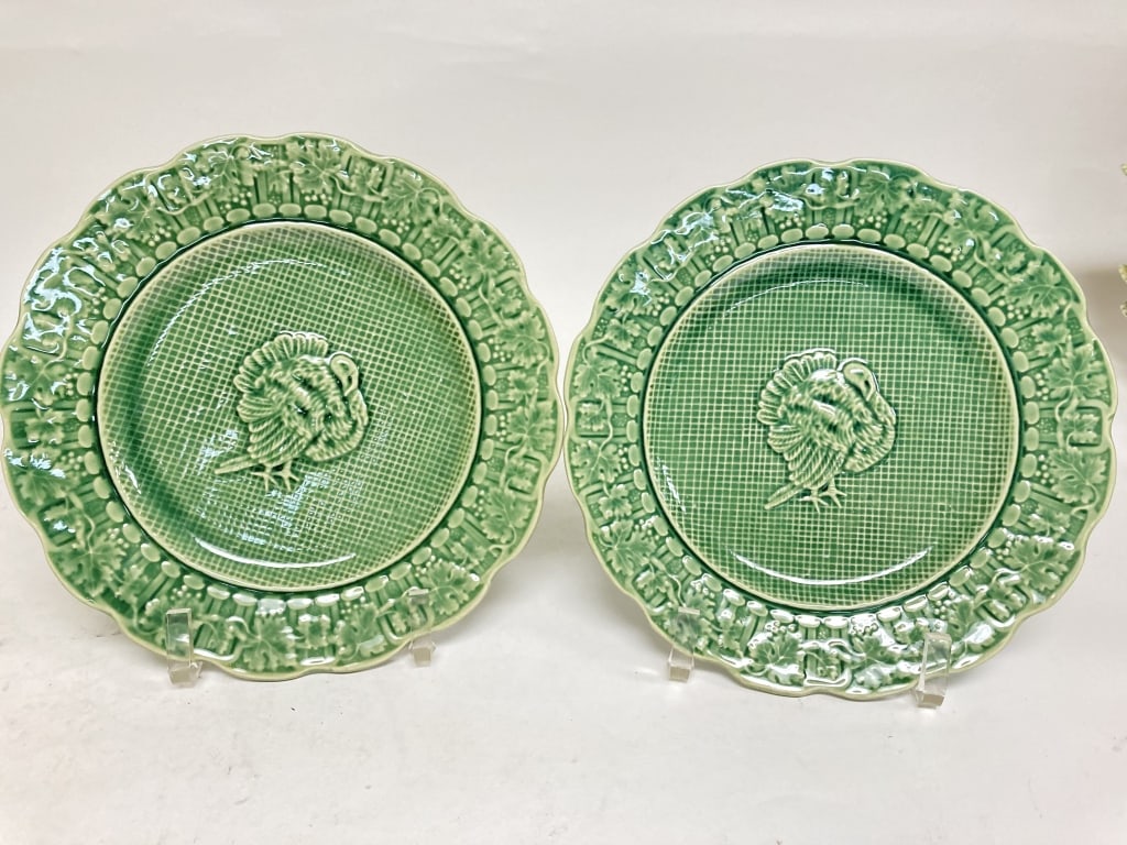 Pr. of Bordallo Pinheiro Porcelain Turkey Plates: Pr. of Bordallo Pinheiro Porcelain Turkey Plates, 7 7/8in