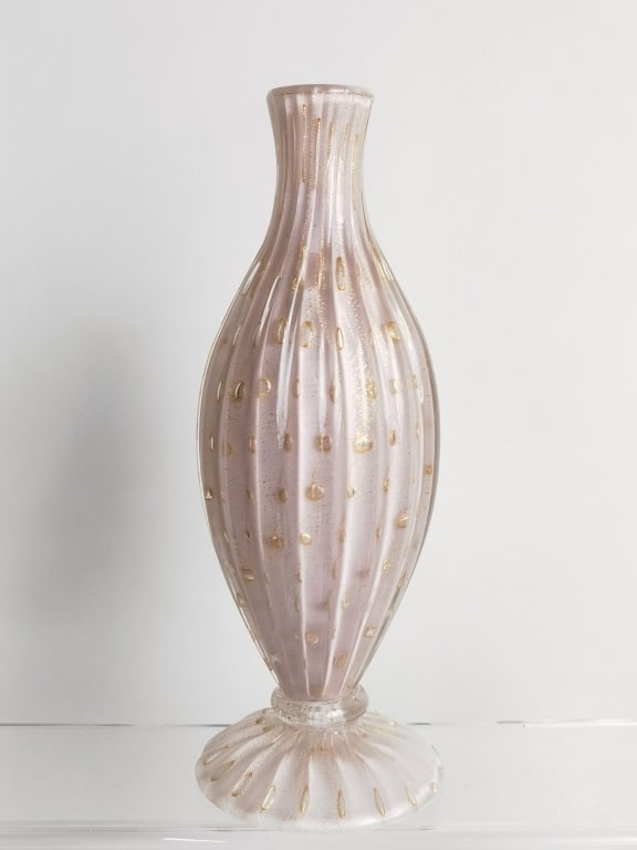 Vintage Murano Italy Pink with Gold Glitter Ribbed: Vintage Murano Italy Pink with Gold Glitter Ribbed Glass Vase, 8.25in