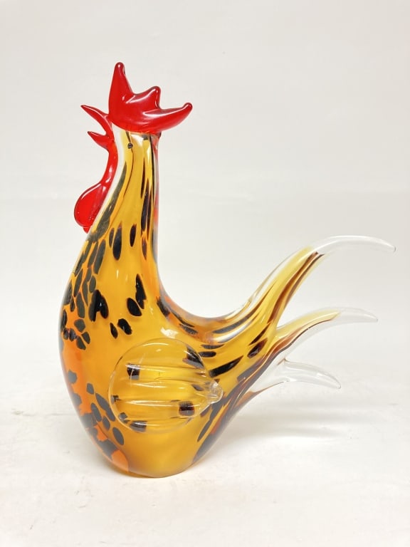 Vintage Murano Italy Amber Art Glass Rooster: Vintage Murano Italy Amber Art Glass Rooster, 10.5in by 8 7/8in