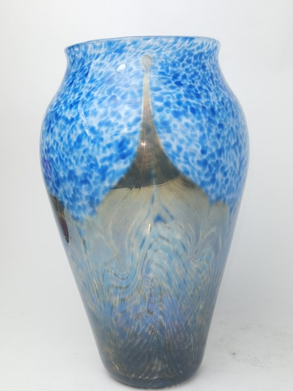 1993 John Barber Blue Speckled Swirl Art Glass Vas (1 of 7)