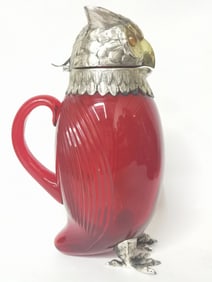 20th C. Spanish Silver Plate Gilt Ruby Glass Owl N