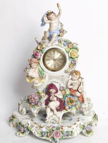 Large Antique Sitzendorf Dresden Cherubs Mantle Cl