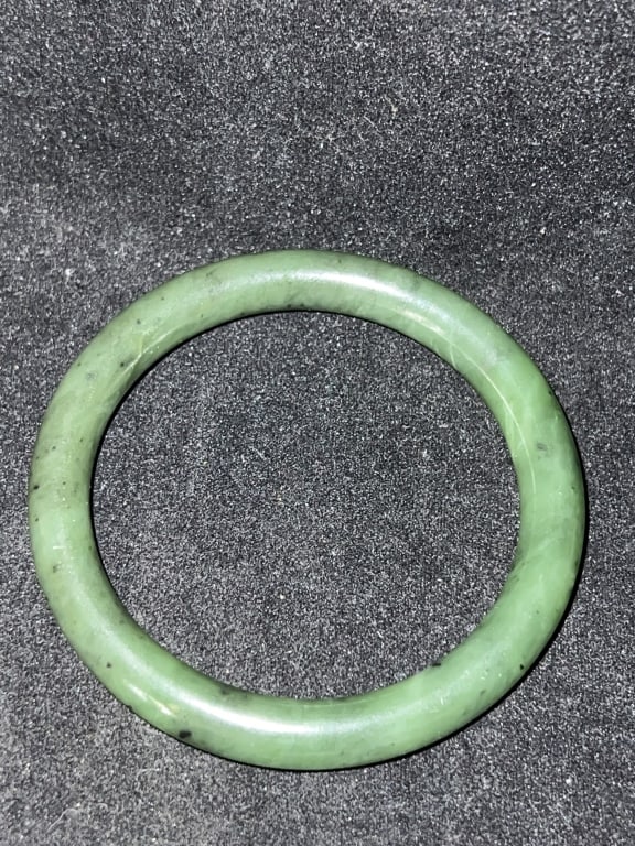19-20th C. Chinese Spinach Jade Carved Bangle Brac (1 of 2)