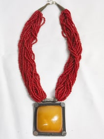 Chinese Tibetan Red Coral/Butterscotch Amber Neckl
