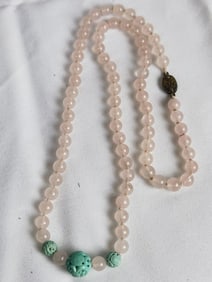 Vintage Chinese Pink Quartz/Turquoise Bead Necklac