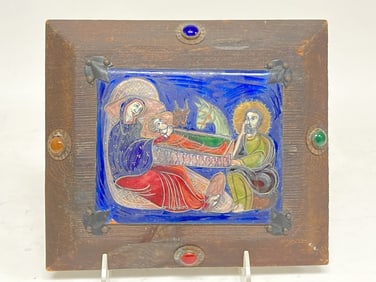 Antique Hand Painted Enameled Birth of Jesus Plaqu