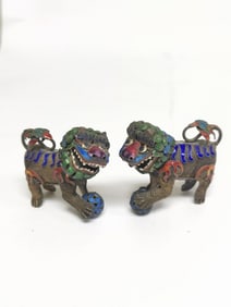 Pr. of 19-20th C. Chinese Enamel over Silver Lions