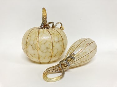 (2) 2002 Jack Pine Studios Iridescent Glass Pumpki