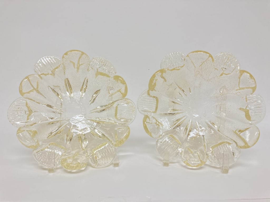 Pr. of Vintage Murano Italy Gold Glitter Glass Bow: Pr. of Vintage Murano Italy Gold Glitter Glass Bowls, 7 1/8in