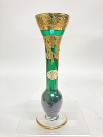 Vintage Cristal T. Murano Italy Gilt Emerald Glass