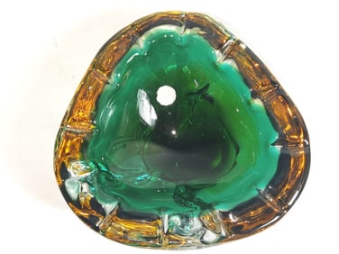 Vintage Murano Italy Emerald Amber Glass Ashtray