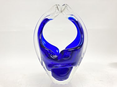 Vintage Murano Italy Cobalt Blue Glass Basket Vase