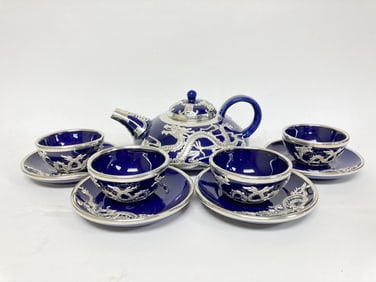Asian Metal Overlay Porcelain Tea Set