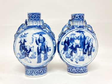Pr. of Qing Chinese Porcelain B&W Moon Flask Vases
