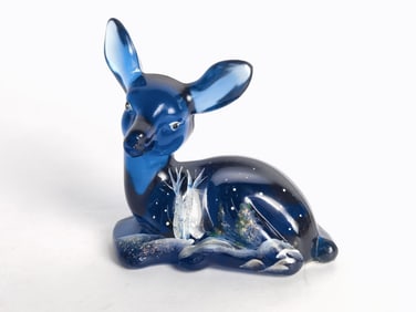 Vintage Fenton Hand Painted Cobalt Blue Glass Deer