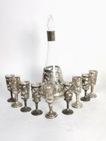 Vintage Silver Overlay Glass Decanter Set