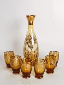 Vintage Bohemian Gilt Amber Glass Decanter Set