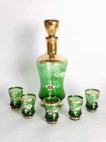 Vintage Bohemian Hand Painted Gilt Emerald Decante