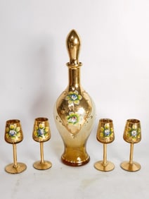 Vintage Bohemian Hand Painted Gilt Amber Decanter