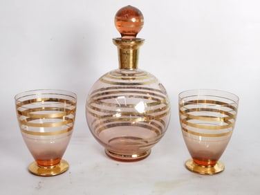 Vintage MCM Gilt Amethyst Glass Decanter Set