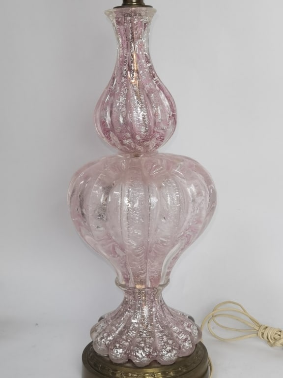 Vintage Murano Italy Pink and Silver Glitter Glass: Vintage Murano Italy Pink and Silver Glitter Glass Lamp, Lamp: 25in, Total: 34in