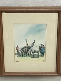 Llamas and Traveler Watercolor Painting by Cusco