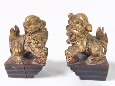 Pr. of Qing Chinese Gilt Wood Carved Lions
