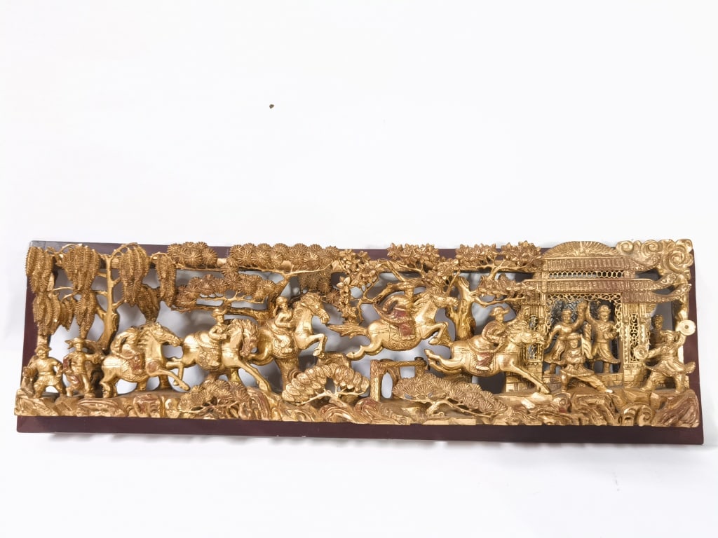 1950-70s Chinese Gilt Wood Carved Plaque: 1950-70s Chinese Gilt Wood Carved Plaque, 9in by 31.5in