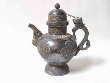 17-19th C. Chinese Tibetan Gilt Silver Teapot