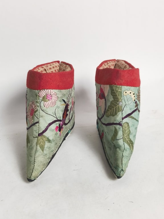 Qing Chinese Embroidered Three-Inch Lotus Shoes: Qing Chinese Embroidered Three-Inch Lotus Shoes, 4.75in by 6.25in