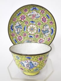 Qing Chinese Enamel over Bronze Cup Set