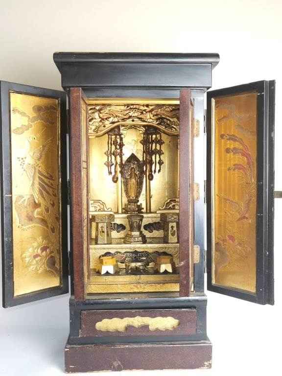 19th C. Japanese Gilt Wood Carved Altar Box: 19th C. Japanese Gilt Wood Carved Altar Box, 14.75in by 31in by 12.5in
