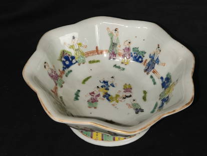Qing Chinese Porcelain Famille Rose Lobed High-Foo: Qing Chinese Porcelain Famille Rose Children's Play Lobed High-Foot Bowl, 3.25in by 7.75in