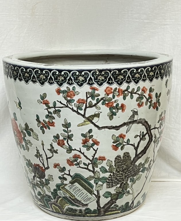 19-20th C. Chinese Porcelain Wucai Jardiniere: 19-20th C. Chinese Porcelain Wucai Jardiniere, 18.25in by 20.5in