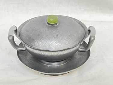 Qing Chinese Pewter Covered Bowl with Saucer