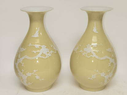 Pr. of 1960-80s Chinese Porcelain Yellow Pate-sur-: Pr. of 1960-80s Chinese Porcelain Yellow Glaze Pate-sur-Pate Vases, 11in