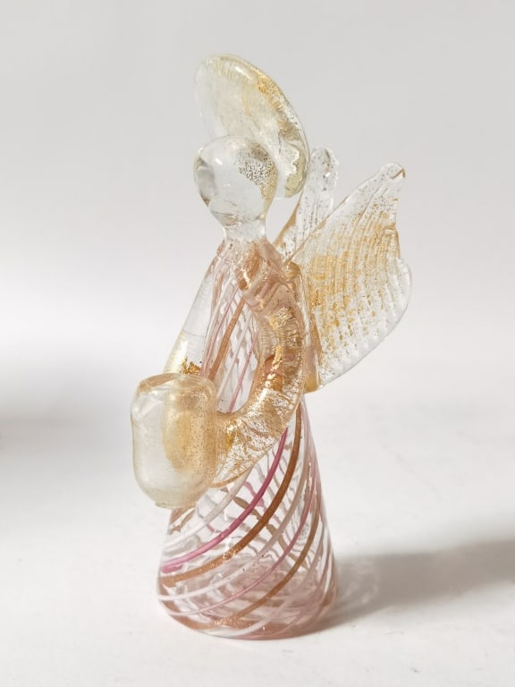 Vintage Murano Italy Glitter Pink/White Swirl Glass Angel: Vintage Murano Italy Glitter Pink/White Swirl Glass Angel, 5in