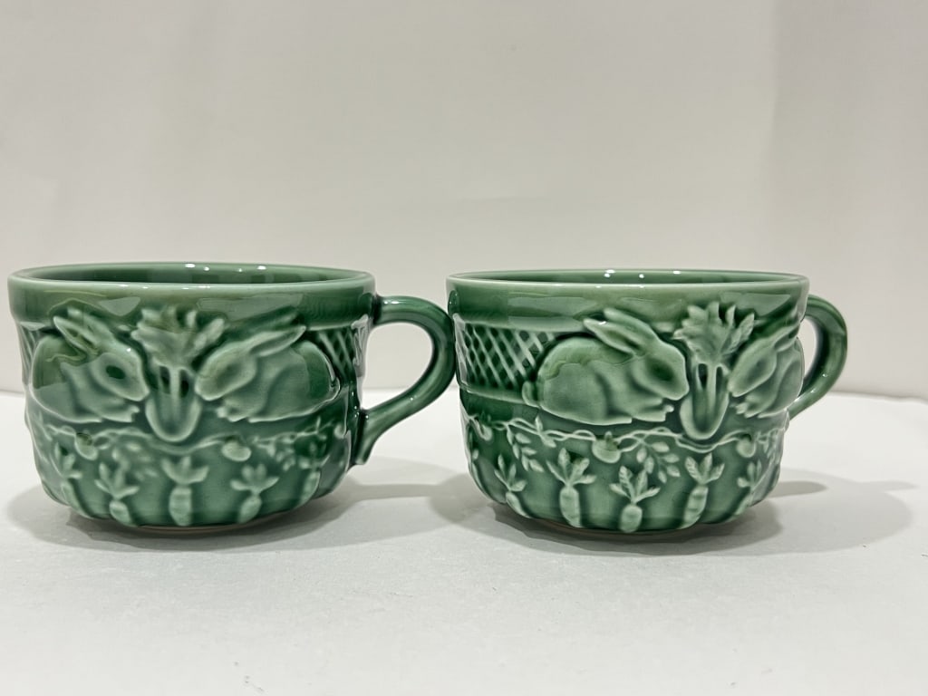 Pr. of Bordallo Pinheiro Porcelain Green Rabbit Cups: Pr. of Bordallo Pinheiro Porcelain Green Rabbit Cups, 3.5in
