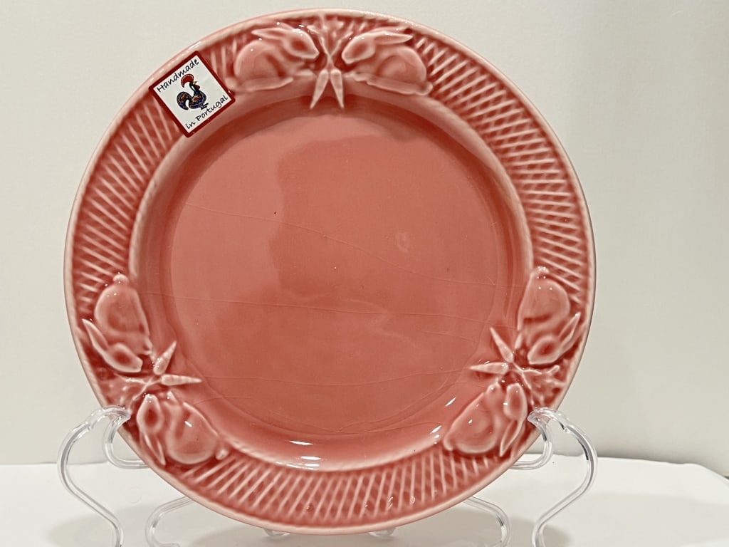 Bordallo Pinheiro Porcelain Pink Rabbit Plate: Bordallo Pinheiro Porcelain Pink Rabbit Plate, 8.25in