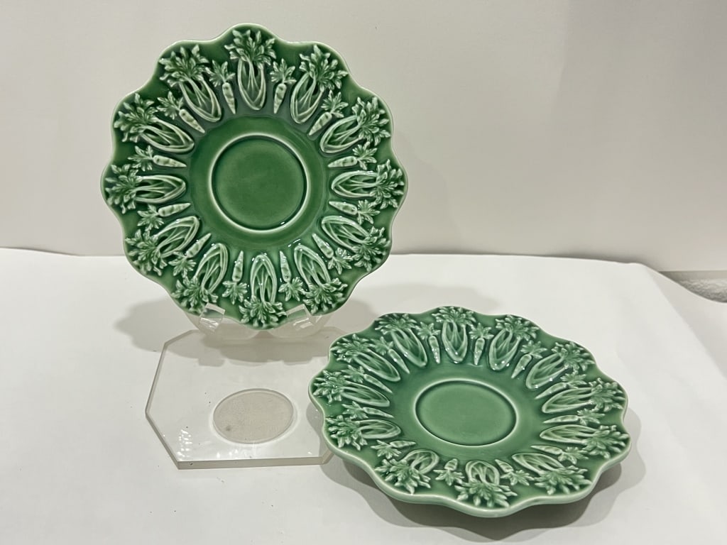 Pr. of Bordallo Pinheiro Porcelain Green Carrot Plates: Pr. of Bordallo Pinheiro Porcelain Green Carrot Plates, 6in