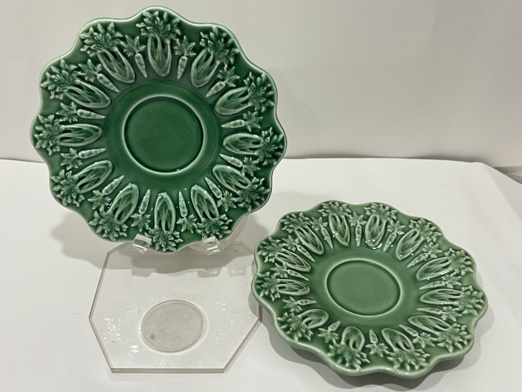 Pr. of Bordallo Pinheiro Porcelain Green Carrots Plates: Pr. of Bordallo Pinheiro Porcelain Green Carrots Plates, 6in