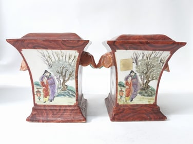 Pr. of 19-20th C. Chinese Porcelain Faux Wood Glaze Vases