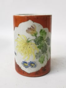 19-20th C. Chinese Porcelain Iron Red Glaze Famille Rose Brush Pot