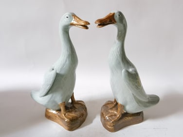 Pr. of 19-20th C. Chinese Porcelain Pea Glaze Duck