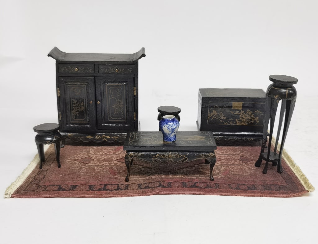 Group of Chinese Gilt Wood Carved Furniture Toys: Group of Chinese Gilt Wood Carved Furniture Toys, 4 1/8in
