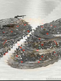19th C. Chinese Tibetan Relief Carved Silver Eight Fortune Layered Box